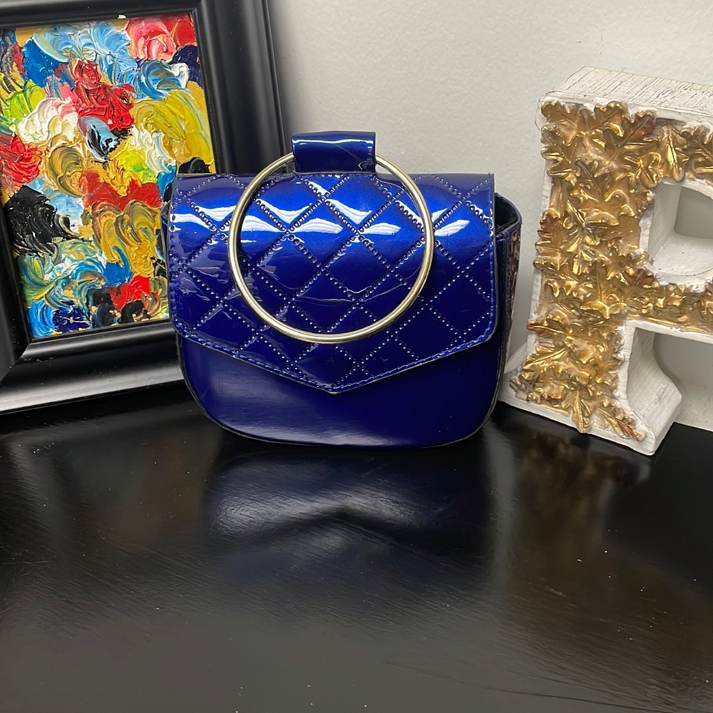 Blue Quilted Patent Leather Wristlet Mini Bag